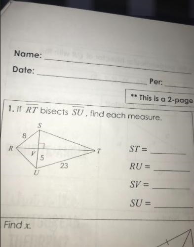 If RT bisects SU find each measure geometry perpendicular & angle bisectors-example-1