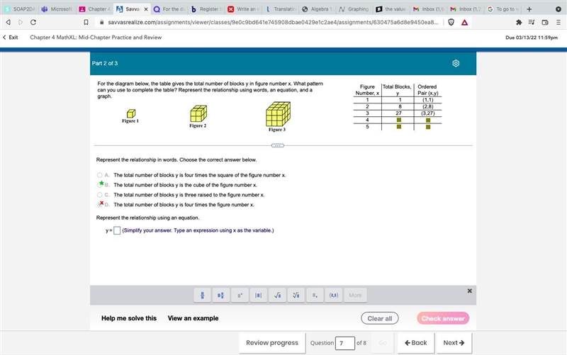 The total number of blocks y is the cube of figure number x-example-1