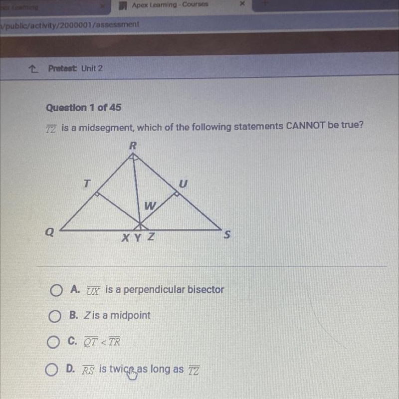 Question 1 of 4572 is a midsegment, which of the following statements CANNOT be true-example-1