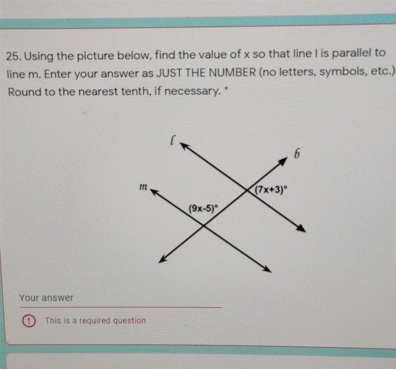 Find the value of x so that line l is parallel to line m. Round to tenths-example-1