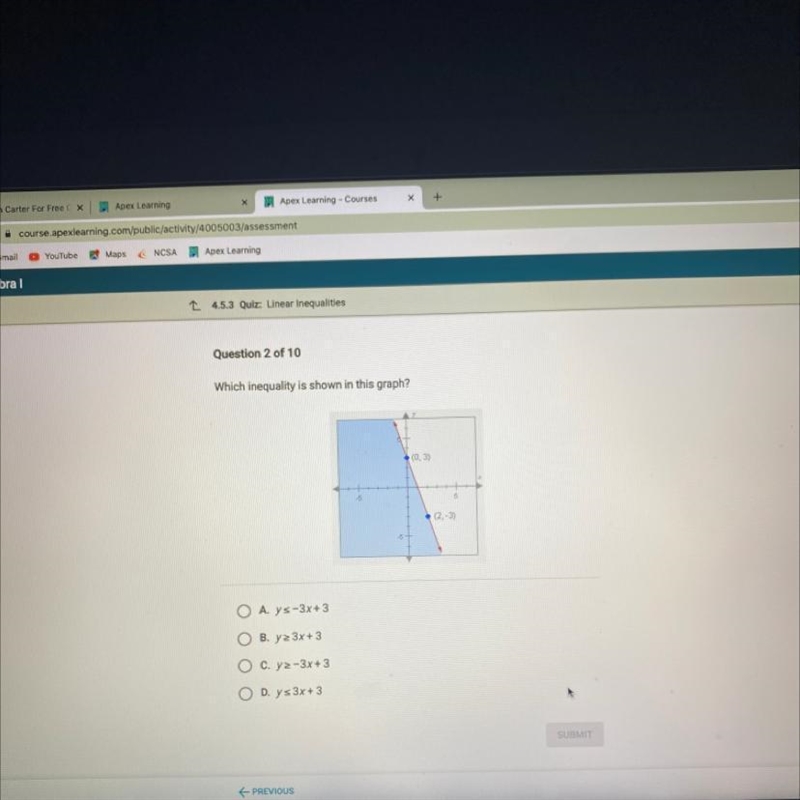 Which inequality is shown in this graph? (0,3) 5 (2, -3) O A. ys-3x+3 B. y 23x+ 3 C-example-1