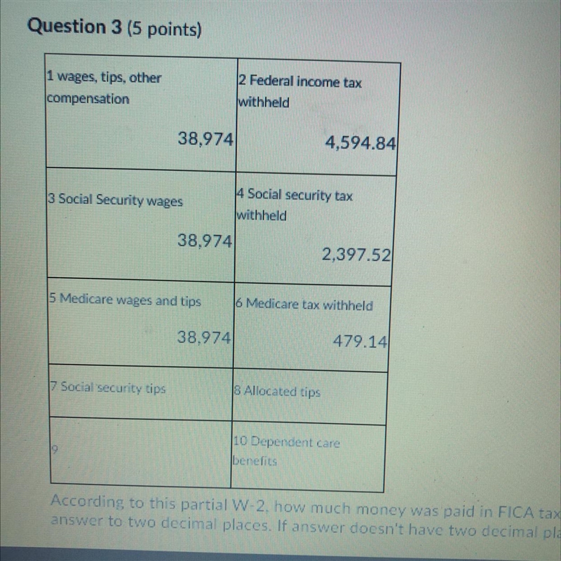 According to this partial W-2, how much money was paid in FICA taxes? Roundanswer-example-1