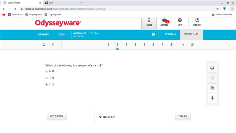 Which of the following is a solution of y - x > -3(6, 2)(2, 6)(2, -1)-example-1