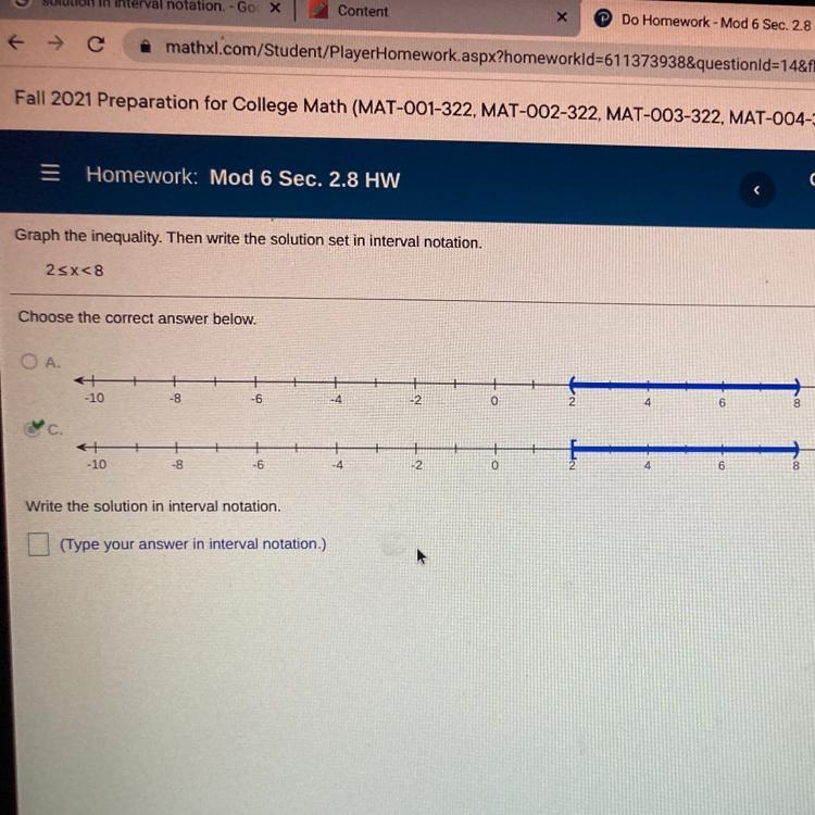 Graph the inequality. Then write the solution set in interval notation.-example-1