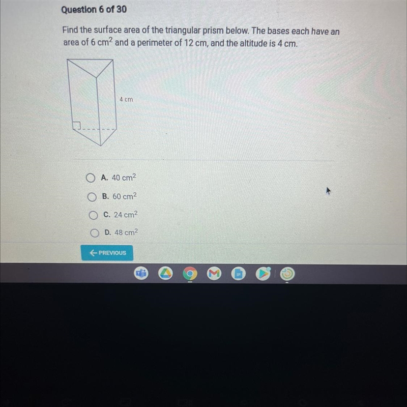 Question 6 of 30Find the surface area of the triangular prism below. The bases each-example-1