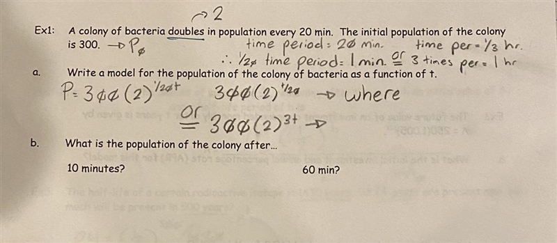 Ex1: A colony of bacteria doubles in population every 20 min. The initial population-example-1