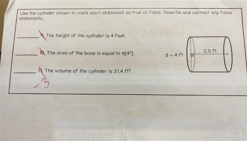 NO LINKS!! Use the cylinder shown to mark each statement as true or false. Rewrite-example-1