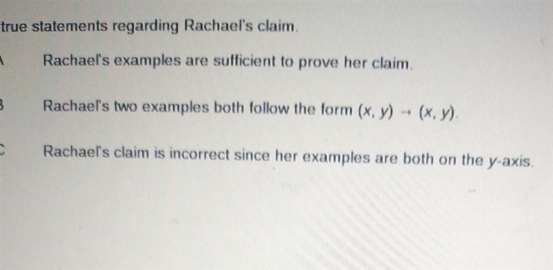 Rachel is using a coordinate plane to reflect points over the y-axis she claims that-example-1