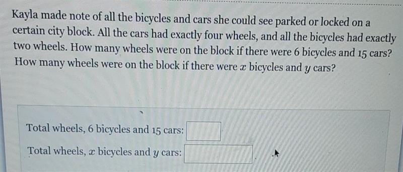 Kayla made note of all the bicycles and cars she could see it see parked for a locked-example-1