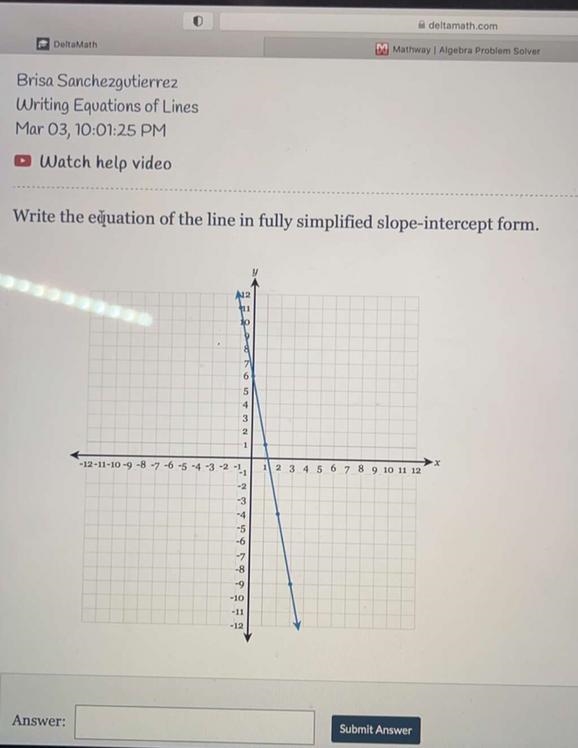 Write the equation of the line in fully simplified slope intercept form-example-1