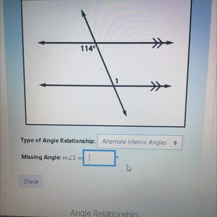 I know the type of angle relationship I just need help with missing angle.-example-1