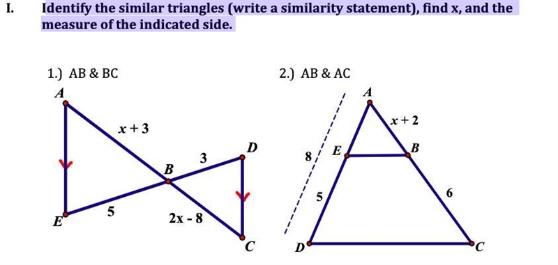 Identify the similar triangles (write a similarity statement), find x, and the measure-example-1