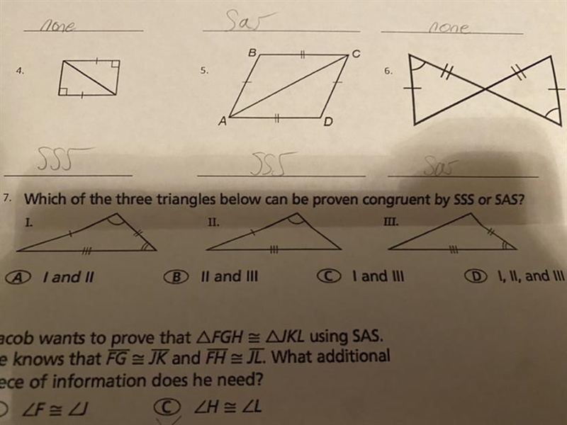 Which of the three triangles below can be proven congruent by SSS or SAS-example-1