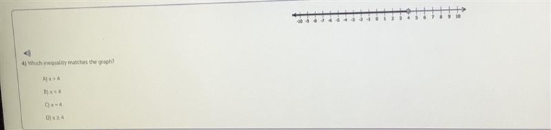 Which inequality matches the graph A) x > 4B) x < 4C) x = 4D) x > 4 (the-example-1