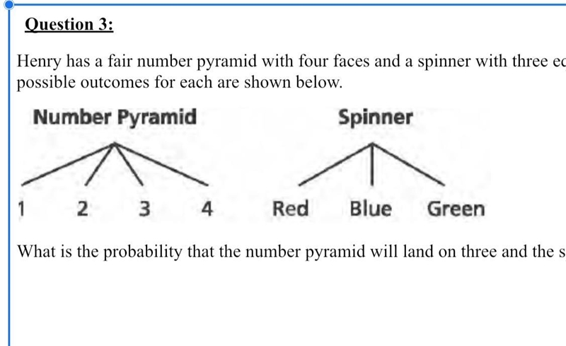 Henry has a fair number pyramid with four faces and a spinner with three equal-sized-example-1