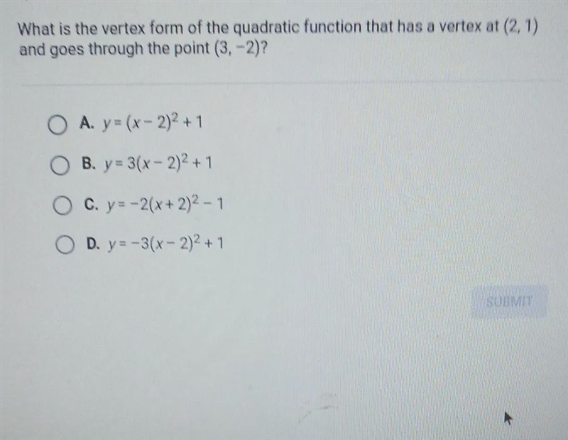 What is the vertex form of the quadratic function that has a vertex at (2, 1) and-example-1