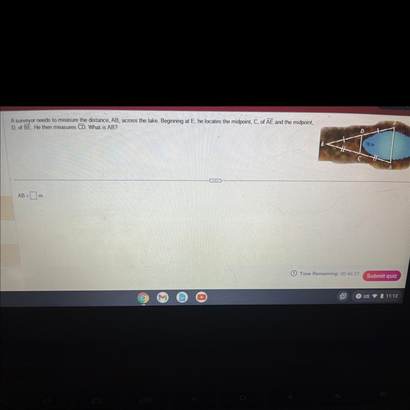 A surveyor needs to measure the distance, AB, across the lake. D. of BE He then measures-example-1