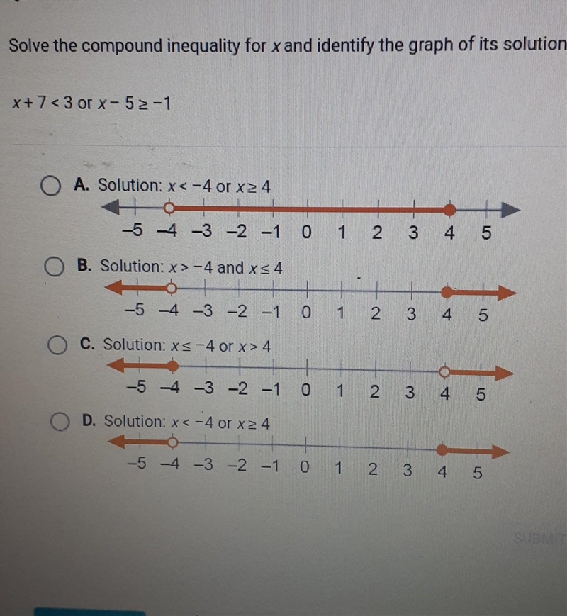 Solve the compound inequality for x and identify the graph of its solution. x + 7 &lt-example-1