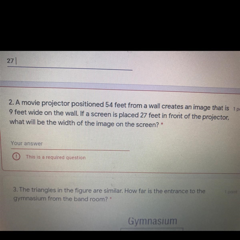 2. A movie projector positioned 54 feet from a wall creates an image that 9 feet wide-example-1