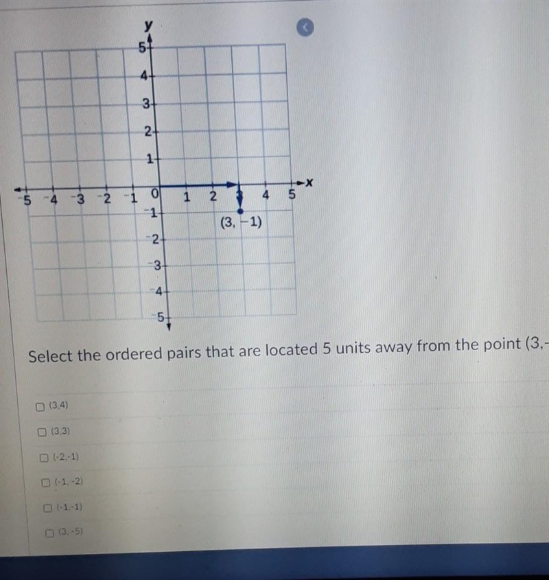 Select the ordered pairs that are located 5 units away from point (3, -1)-example-1