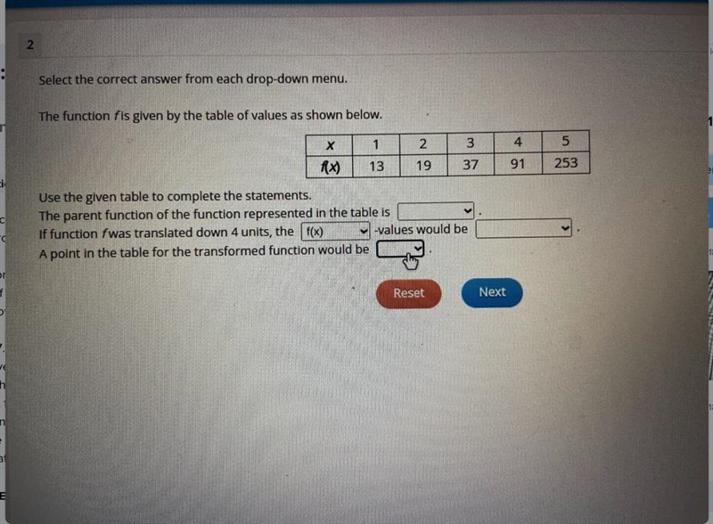 Select the correct answer from the drop-down menu.The function f is given by the table-example-1