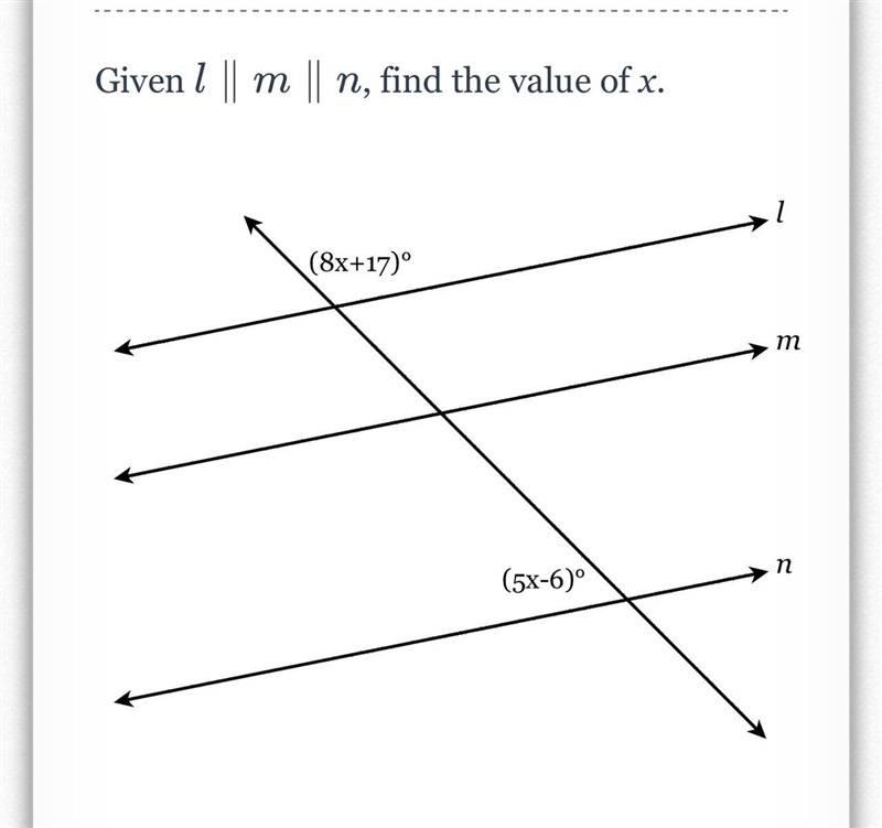 Given l ∥ m ∥ n, find the value of x.-example-1