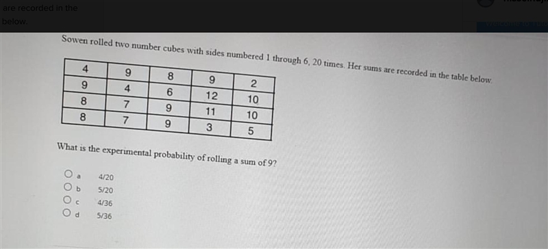 Sowen rolled two number cubes with sides numbered 1 through 6, 20 times. Her sums-example-1