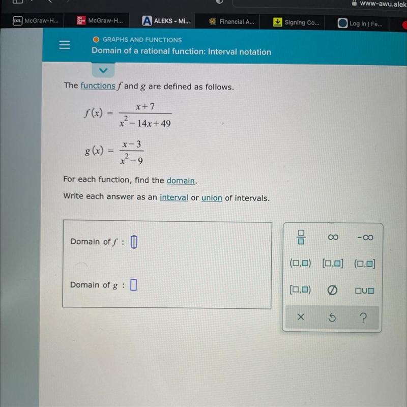 O GRAPHS AND FUNCTIONSDomain of a rational function: Interval notation-example-1