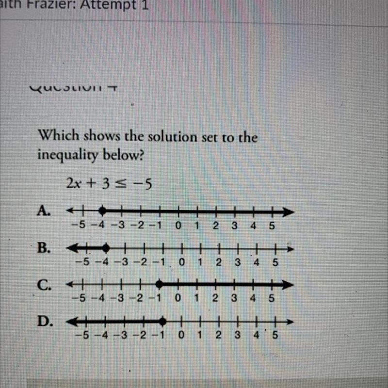 Which shows the solution set to the inequality below? 2x+35-5 A. H -5 -4 -3 -2 -1 0 1 ++ 2 3 4 5 - B-example-1