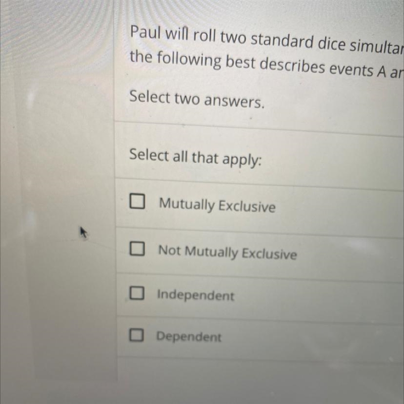 Paul will roll two standard dice simultaneously. If Event A = both dice are odd and-example-1