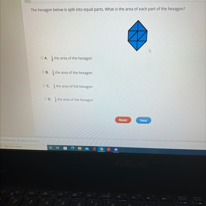 The Hexagon below is split into equal parts. What is the area of each part of the-example-1