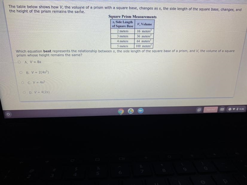 The table below shows how V, the volume of a prism with a square base, changes as-example-1