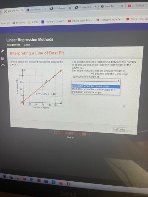 Interpreting a Line of Best FitUse the graph and included equation to answer the question-example-1