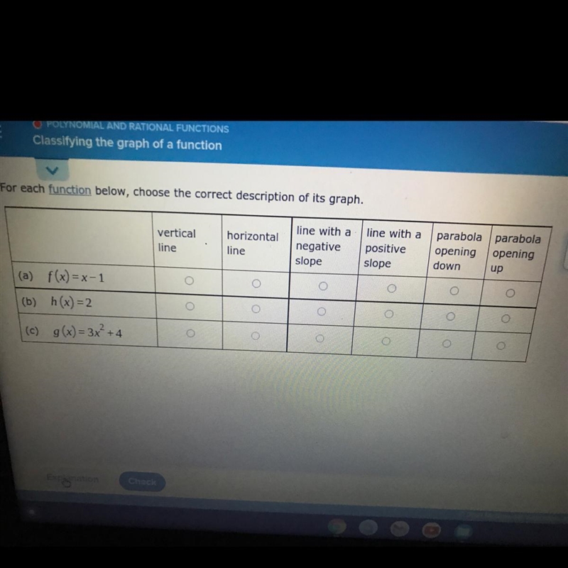 For each function below, choose the correct description of its graph.line with aline-example-1