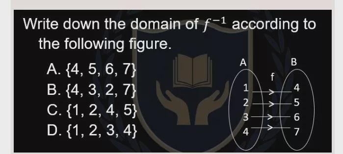 Write down the domain of f-1 according to the following figure. A. {4, 5, 6, 7} B-example-1