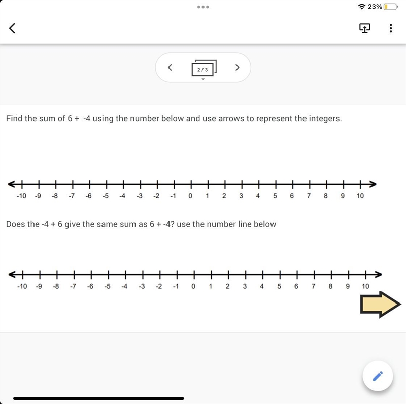 Find the of 6+ -4 using the number below and use arrows to represent the integers-example-1