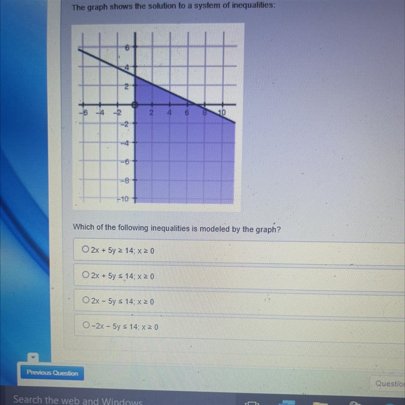 The graph shows the solution to a system of inequalities: pe Which of the following-example-1