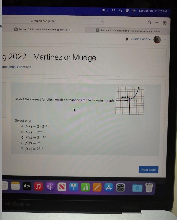 Select the correct function which corresponds to the following graph: (0,0.5)-example-1