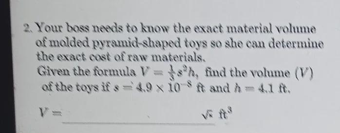 your boss needs to know the exact material volume of molded pyramid-shaped toys so-example-1