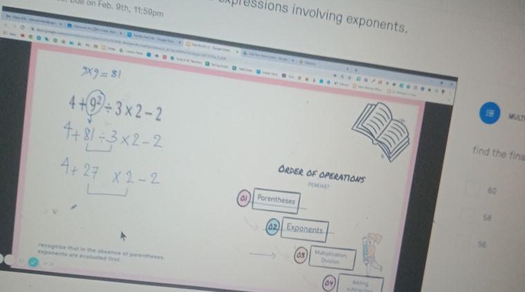 9x9=81 MULTIPLE CHOICE QUESTION 4 +9) + 3 *2- 2 4 find the final value 4+81 + 3x2-2 ORDER-example-1