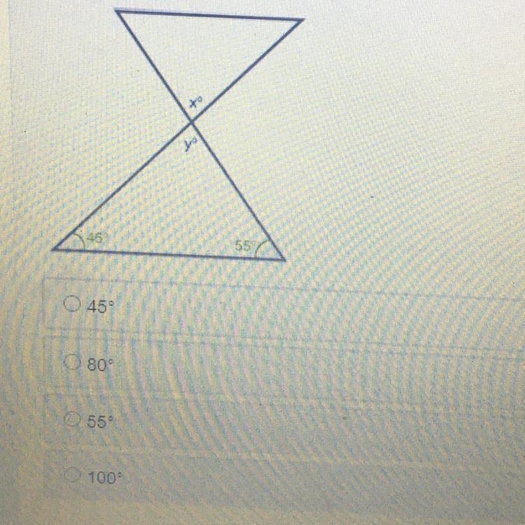 Find the measure of angle x in the figure below 45 55 45° O 80 55 100 ​-example-1