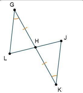 Triangles G H L and K H J are connected at point H. Angles Angles L G H and H K J-example-1