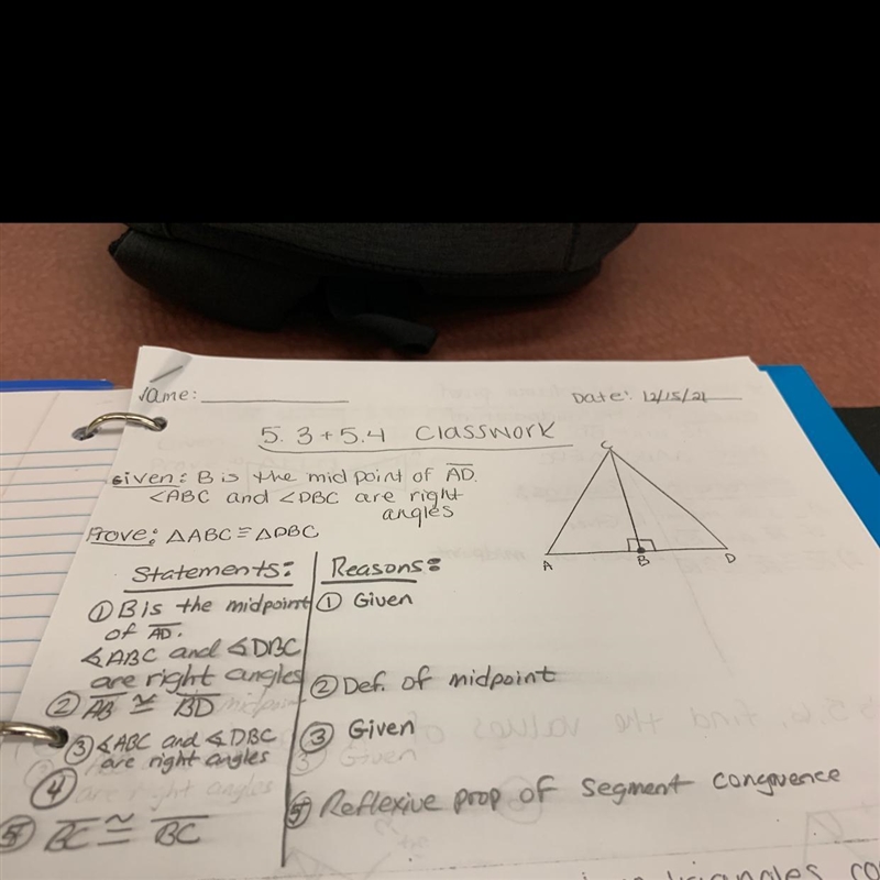 Given: B is the midpoint of Line AD. Angle ABC and Angle DBC are right angles. Write-example-1