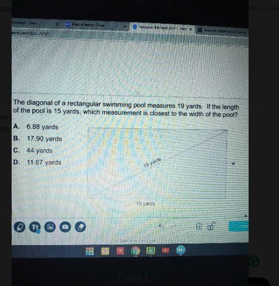 the diagonal of a rectangular swimming pool measures 19 yd if the length of the pool-example-1
