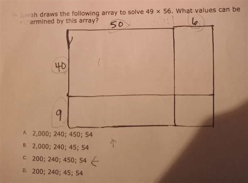 14. Sarah draws the following array to solve 49 X 56. What values can be 50 6 determined-example-1