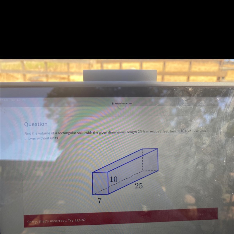 QuestionFind the volume of a rectangular solid with the given dimensions: length 25 feet-example-1