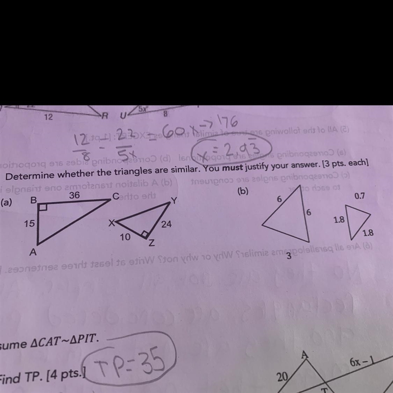 Determine whether the triangles are similar and justify your answer-example-1