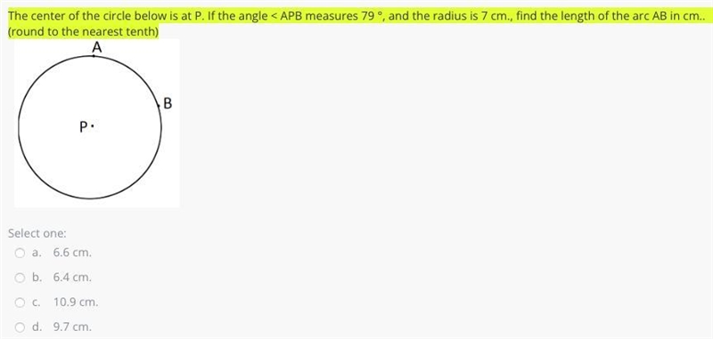 The center of the circle below is at P. If the angle < APB measures 79 °, and the-example-1