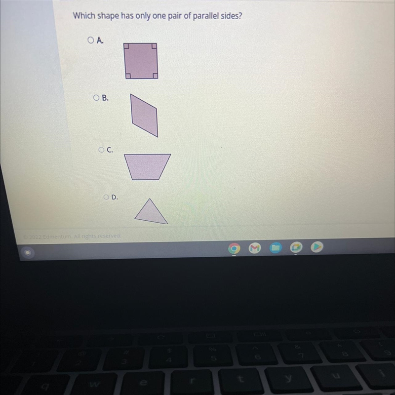 Which shape has only one pair of parallel sides?-example-1