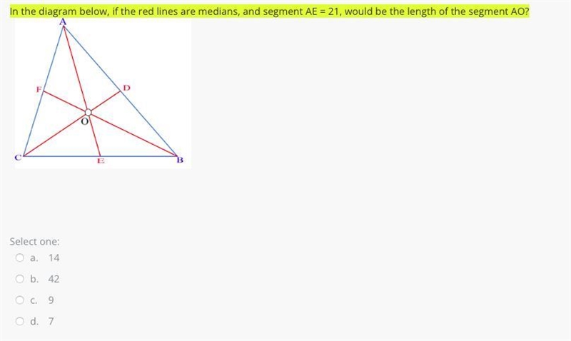 In the diagram below, if the red lines are medians, and segment AE = 21, would be-example-1